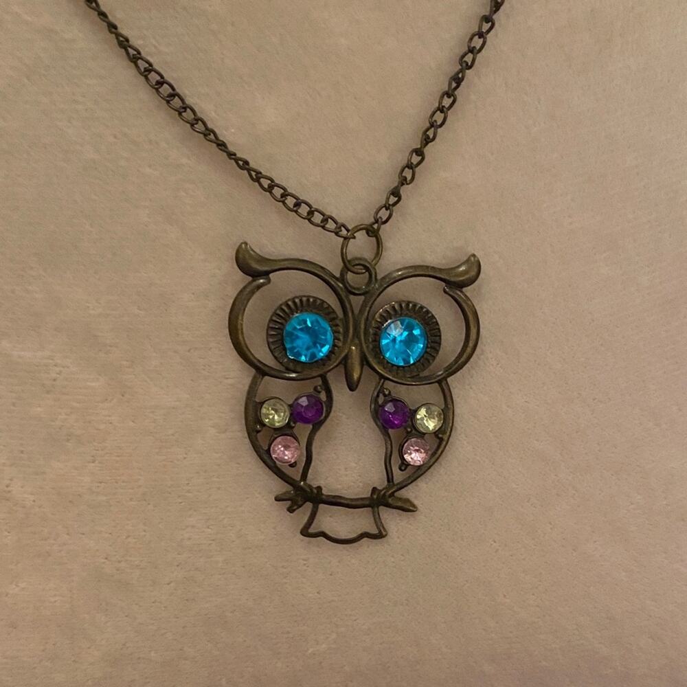 Owl Pendant Long  Necklace with Blue and Purple Accents